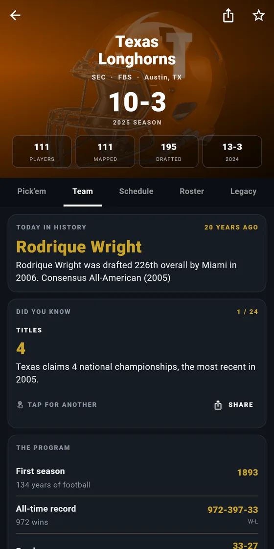 CFB Vault app: the Texas Longhorns team page with records, titles and program history