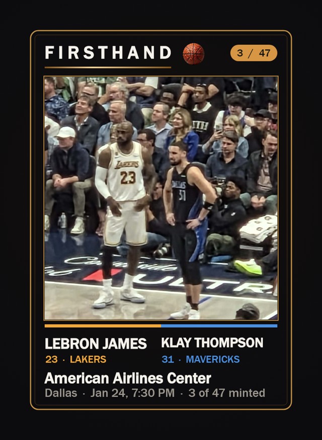 Firsthand card front, LeBron James and Klay Thompson, shot from the stands at American Airlines Center